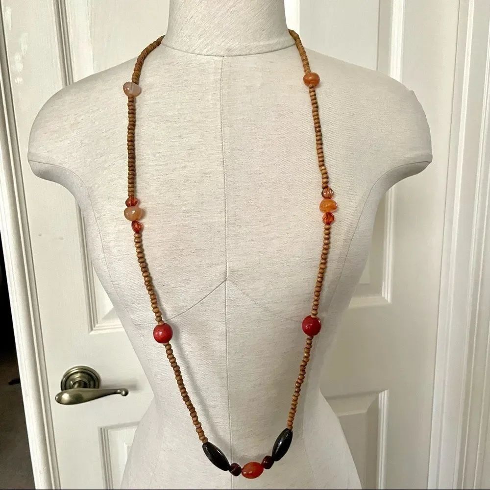 Long wood bead stone necklace